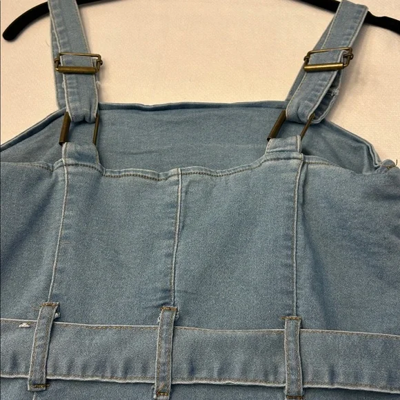 Light Blue Denim Mini Dress With Adjustable Straps and a Belted Waist Size S - Picture 13 of 14